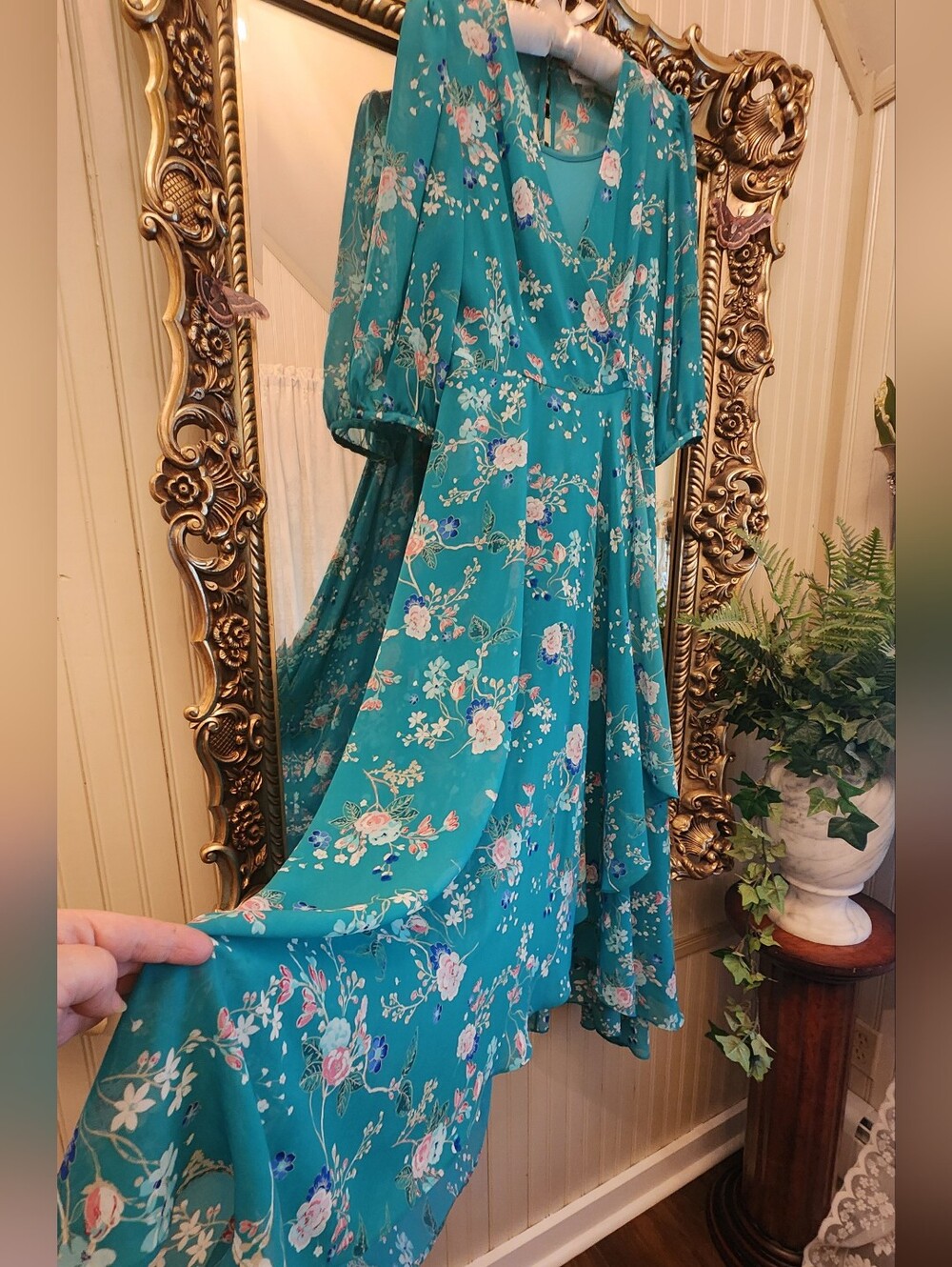Calvin Klein Teal Floral High-Low Wrap Dress